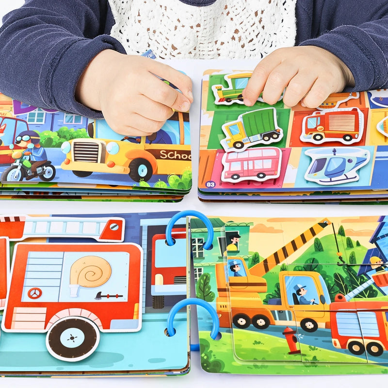 Livro Interativo Educacional Infantil – Quiet Book Reutilizável de Trânsito com Cores, Formas e Quebra-Cabeça Montessori